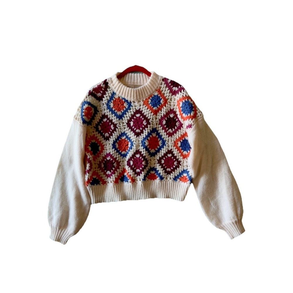 Debut Crochet Granny Patchwork Sweater Womens Size L Boxy Cottagecore Retro Boho